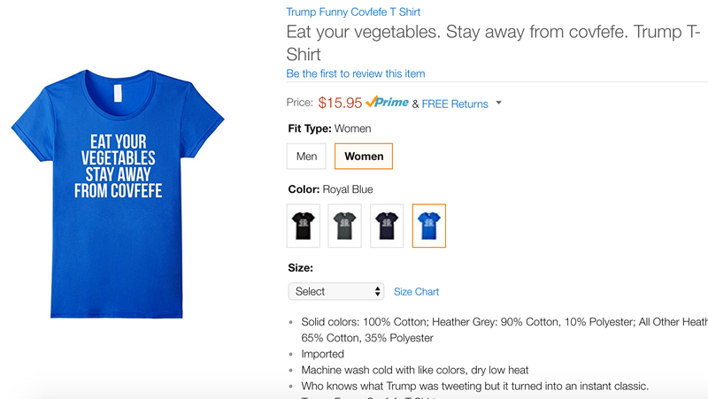 Illustration for article titled Be the Saddest Guy in the Office With Amazon's Embarrassing 'Covfefe' Swag